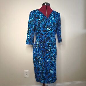 Roz Ali Womens Sheath Dress Wrap Ruched Knee Length Blue Black Abstract Small